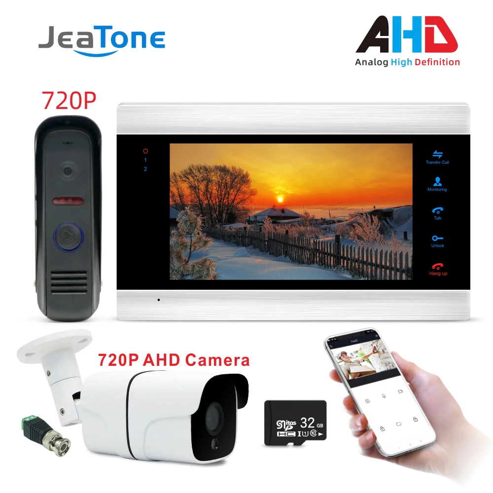 WiFi Smart JeaTone видео домофон дверной звонок Система дверной динамик 720P AHD панель вызова+ 7 дюймов HD монитор+ 720P AHD камера - Цвет: AHDP202S1M706S1-C32G