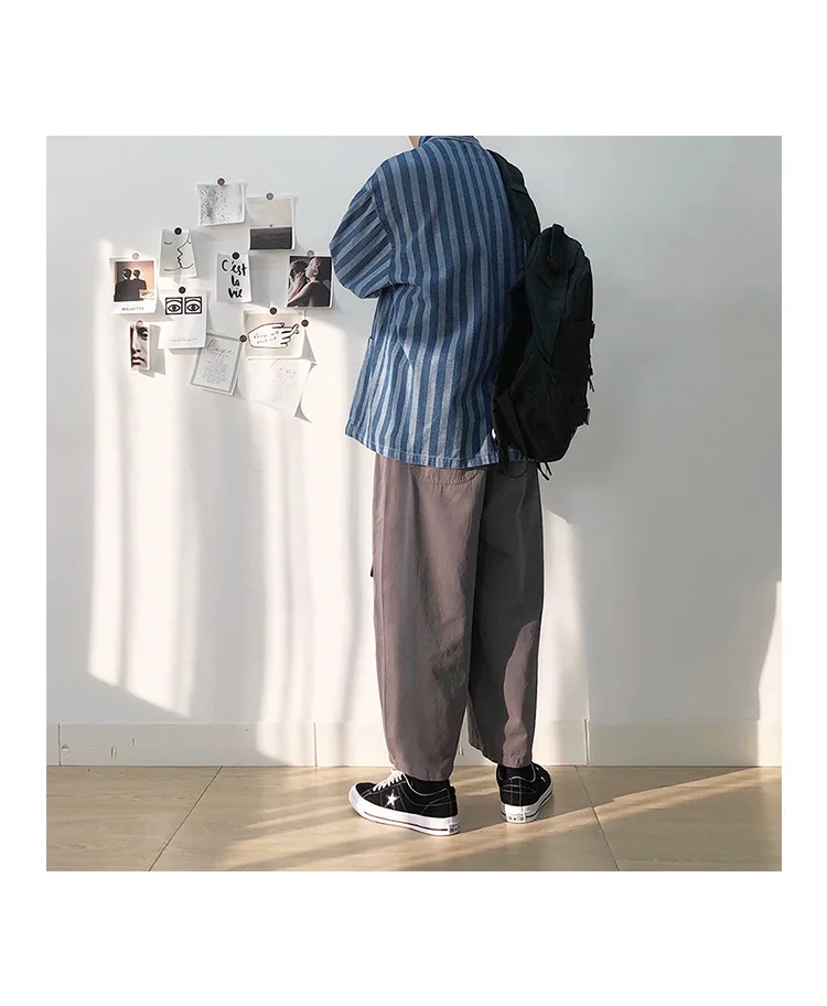 Striped multi-pocket denim shirt jacket 2021 spring and autumn men's tooling all-match loose collar jacket Mens Jean Coat