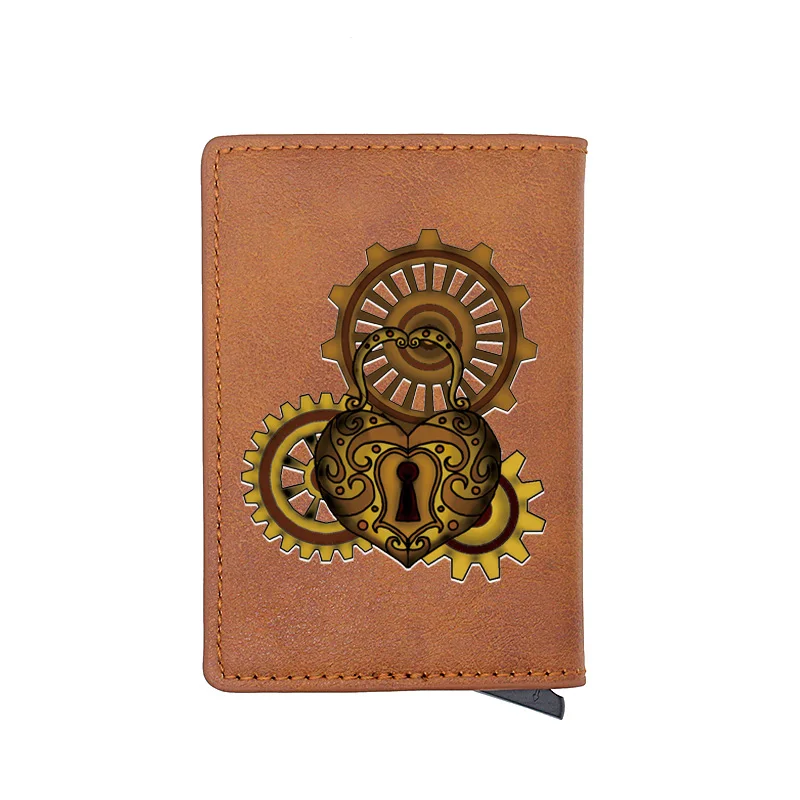 

Punk Style Heart Gear Steampunk Printing RFID Blocking Men's Credit Card Holder Leather Bank Card Wallet Case Protection Purse