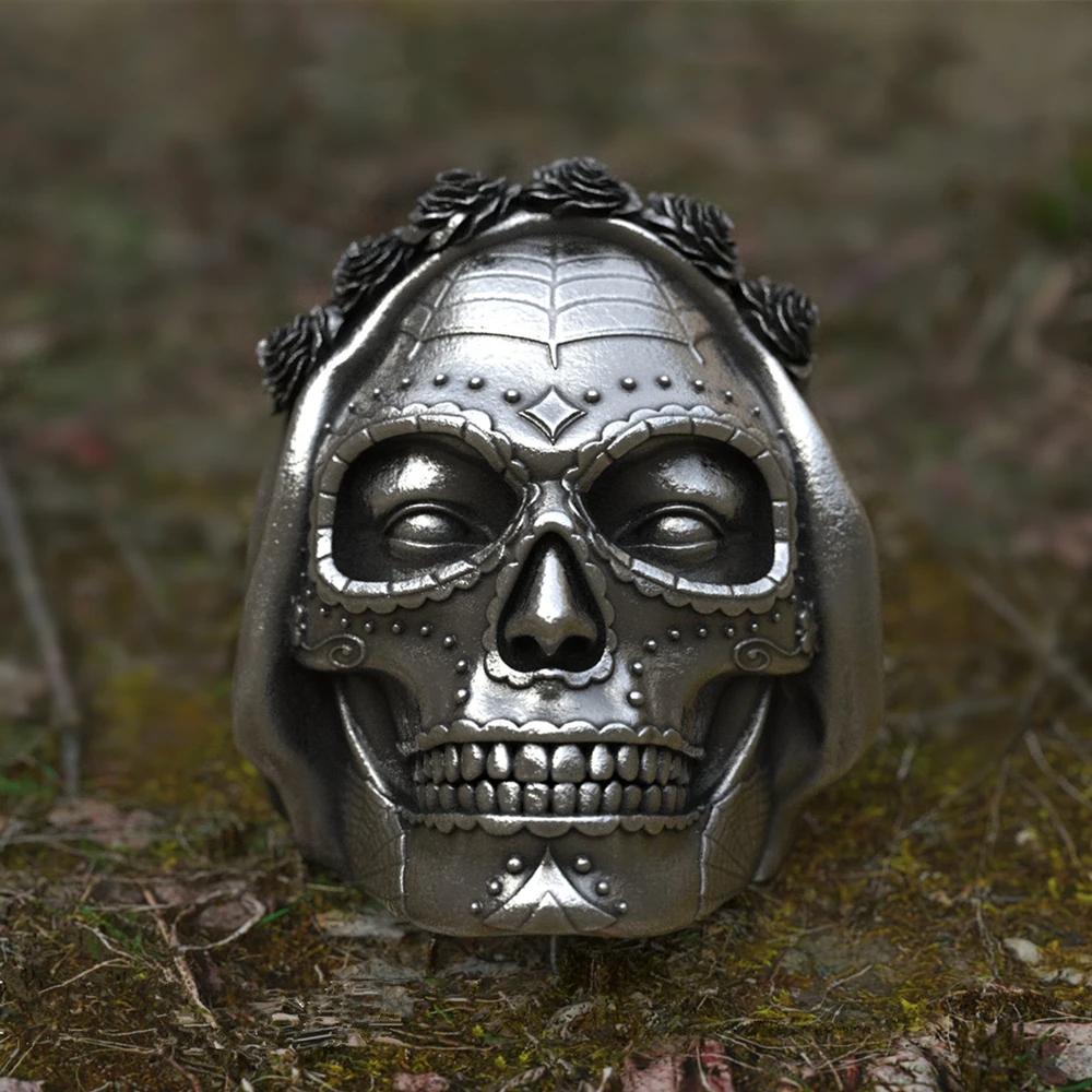 

EYHIMD Goth Santa Muerte Ring Rose Crown Sugar Skull Stainless Steel Rings Womens Punk Biker Jewelry Unique Gift
