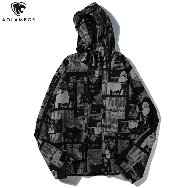 

Aolamegs Men Jacket Vintage Print Coat Hip Hop Style Casual Cargo Jackets Oversize All-match Lover Tracksuit Autumn Streetwear