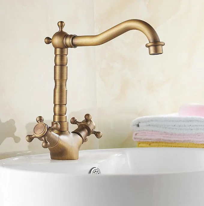 Vintage Retro Antique Brass Kitchen Wet Bar Bathroom Vessel Sink Faucet Swivel Spout Mixer Tap Single Hole Two Handles mnf078