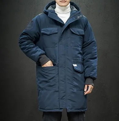 Теплые мужские парки, куртки, Зимние новые модные длинные пальто с капюшоном, плотное пальто с несколькими карманами, ветрозащитная куртка, Мужская одежда черного цвета 5XL - Цвет: Тёмно-синий