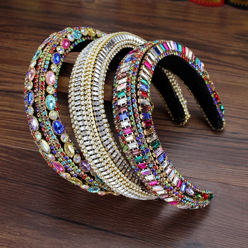 Luxury Full Crystal Pearl Baroque Hairband Padded Rhinestone Princess Headband For Women Wedding Headdress Birthday Hair Jewelry