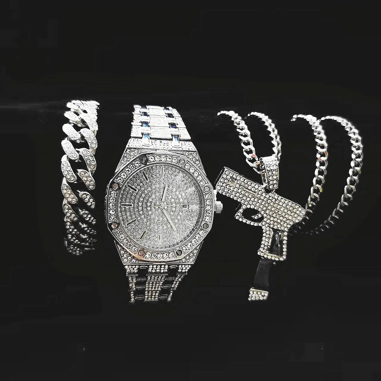 3pcs Iced Out Watch Necklace Bracelet for Men Luxury Diamond Gold Watch Men Bling Hip Hop Handgun Shooter Pendant Chains Jewelry