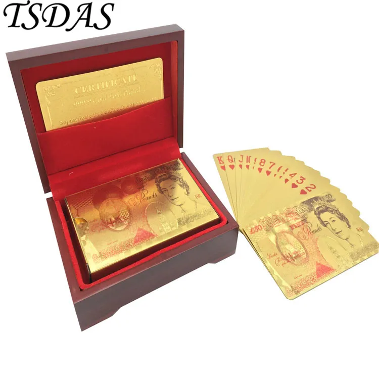 24k Gold Colorful Plated Playing Cards with UK 50 Pound Poker Wooden Box Friends Birthday Gift|card card|cards playingcards gold |