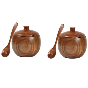 

2Pcs Spice Jar Seasoning Can Sugar Bowl with Lid Spoon Wood Spice Storage Box Sugar Pot Salt Jars Kitchen Storage Container Cond