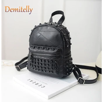 

Women Small Genuine Leather Backpack Rivet Bagpack Daily Cute Black Backpack for Teenager Girls Schoolbag Casual Travel Daypack