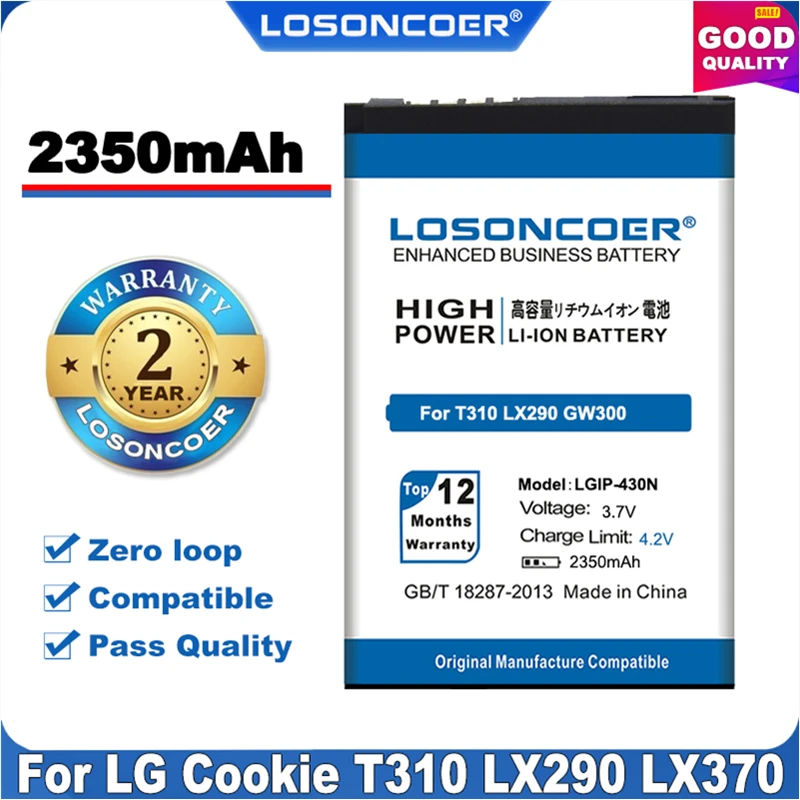 100% Оригинальный аккумулятор LOSONCOER 2350 мАч для LG Cookie T310 LX290 LX370 LN240 T310i T320 GS290 GW300 C300 GM360