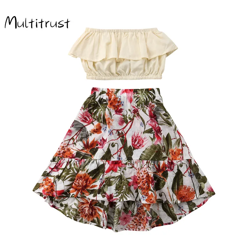 

Multitrust Little Girls Summer 2PCS Outfit Set Off Shoulder Solid Color Crop Top +Flower Pattern Elastic Band Pants Set