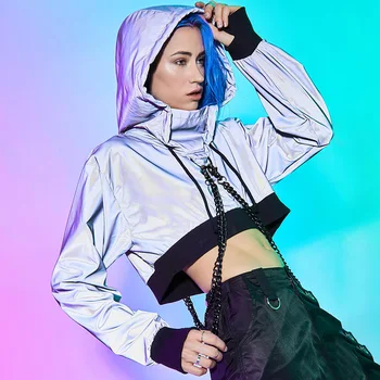 

Hoodie Sweatshirt for Girls Cool Harajuku Reflective Light Long Sleeve Crop Top Women Punk Short Sweatshirts with Chain Decorate