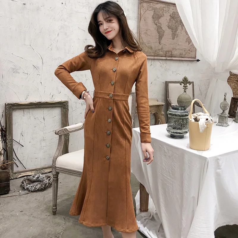 

2019 Fall And Winter Clothes Online Celebrity INS Wind Debutante Elegant Fishtail Suede Base Slim Dress Europe And America