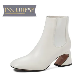 

MLJUESE 2021 women ANKLE boots Cow leather Winter short plush Square Toe High heels female Chelsea boots size 40