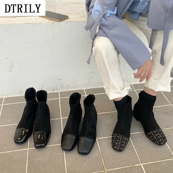 

2020 Zip Ankle Boots Women Patchwork Chunky Heels Shoes Square Toe Short Boot Casual Chelsea Boot Autumn Winter Zapatos De Mujer