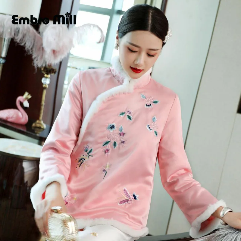 

Autumn And Winter The New Cotton coat Chinese style embroidery Rabbit fur collar Satin elegant cotton blouse coat S-2XL