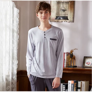 

2020 Spring Men Casual Pajama sets Male Cotton Modal Sleepwear suit Couples Long Sleeve T shirt & Striped Pants Plus size