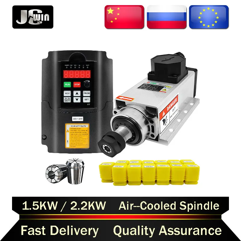 HIgh Quality! Square Air Cooling Spindle 2.2kw 1.5KW 18000/24000RPM Spindle Motor 2200W1500W+VFD +ER20/ER11 Collect For CNC Kit