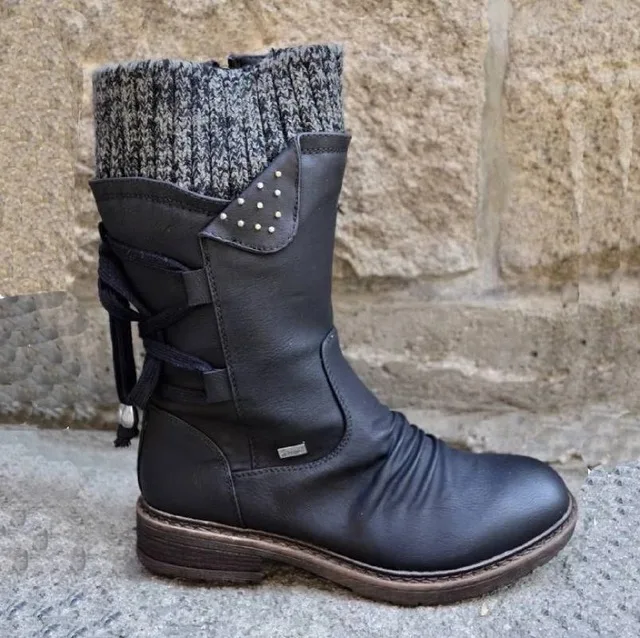 Г. Женские ботинки модные осенние ботинки до середины икры из PU искусственной кожи с задней шнуровкой, дизайнерские ботинки однотонная зимняя обувь на низком каблуке Женская обувь - Цвет: 5 black