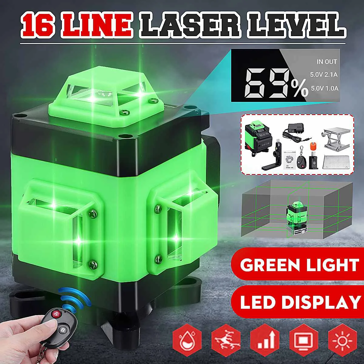 

16 Lines 3D Laser Level Level Self-Leveling 360 Horizontal And Vertical Cross Super Powerful Green Laser Level Digital Display