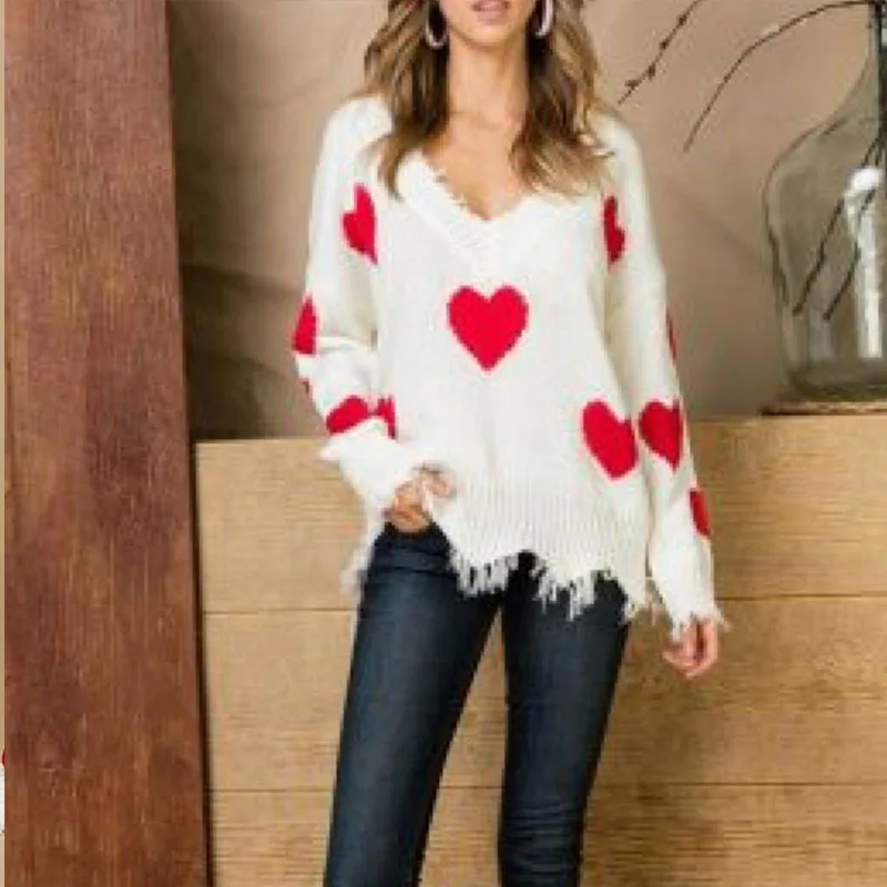 Женский осенний зимний свитер модный уличный белый вязанный крючком пуловер с сердцем Свитера повседневные свободные с рукавами в форме фонаря джемперы