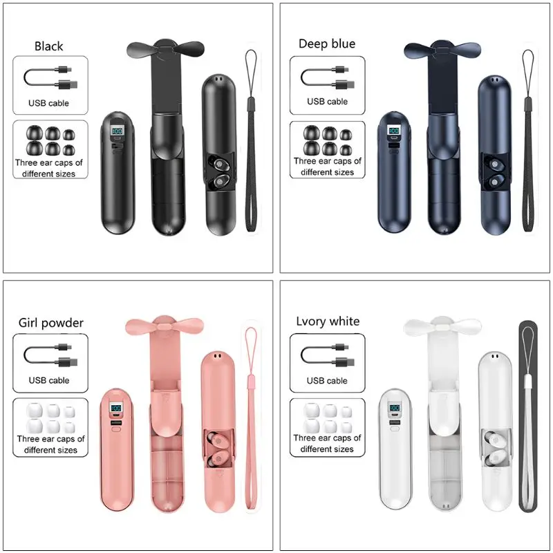 

TWS Wireless Bluetooth5.0 Earphone Headset Charging Case Mini Fan Flashlight