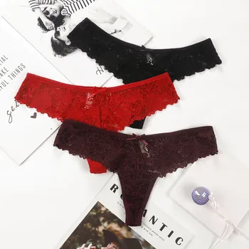 

3Pcs/Lot Sexy Lace Thong Low Waist Lace Transparent Panties Women Hollow out Breathable G String Briefs Bow Underwear Lingerie