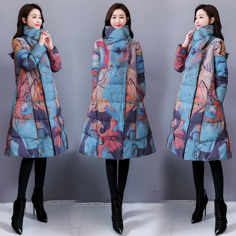 

2019 Winter New Style Fashion Cotton Coat Printed Cotton-padded Jacket Ethnic-Style Mid-length over-the-Knee Loose-Fit Cotton-pa