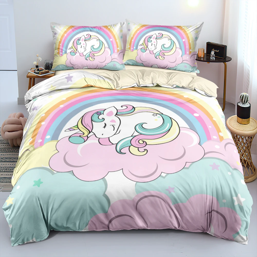 3d Cute Cartoon Pink Unicorn Linens Bed Easy Fit Comforter Cover Set
