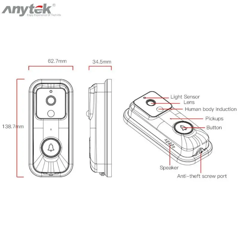 Anytek B60 HD 1080P wifi дверной звонок умный видео дверной звонок визуальный домофон IP дверной звонок Облачное хранилище беспроводная камера безопасности