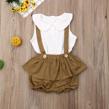 

Sweet Toddler Kids Baby Girls Summer Clothes Sets Outfit Ruffles T shirt Brown Overalls Bib Shorts Clothing 2pcs
