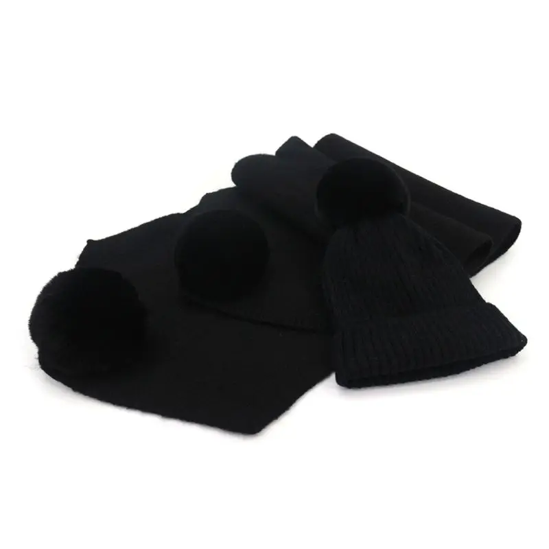 2 шт./компл. для взрослых и детей зимние вязаные из искусственной шерсти с пушистым помпоном шапка длинный шарф набор - Цвет: Adult Black