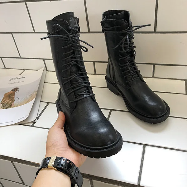 

Brand Women's Shoes Mid-Calf Boots Chunky Heel Bootee Woman 2019 Round Toe Low Heels booties Lace Up Booties Ladies Fashion Shor