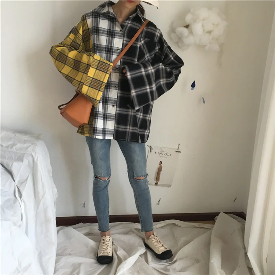 BTS Plaid Shirt Women Cotton Patchwork 