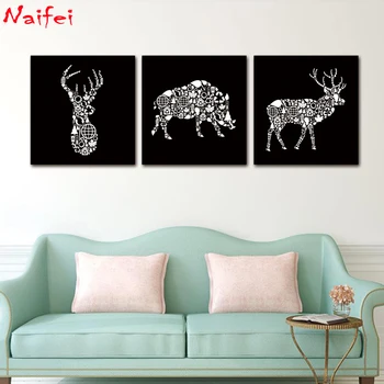 

DIY 5d diamond Painting full square/round 3 pcs Black White Deer Head Boar Art Abstract home decor Triptych diamond embroidery