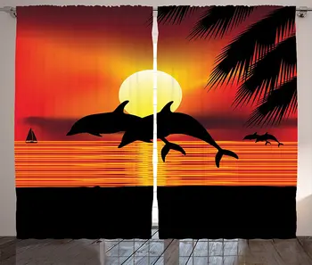 

Whale Window Curtains 2 Dolphins in The Ocean at Sunset with Palm Tree Leaves Romantic Waterscape View Living Room Bedroom Decor
