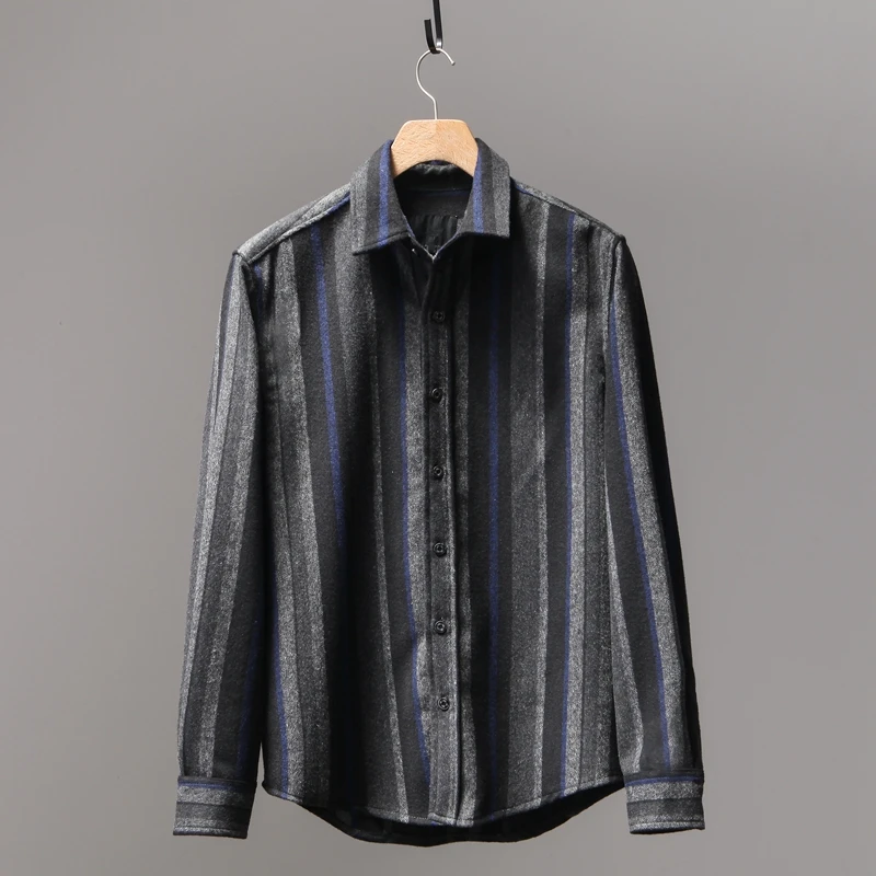 

Men's Shirt Autumn and Winter New Quality Sheep Wool Fine Stripes Casual Long-sleeved Woolen Shirt Men