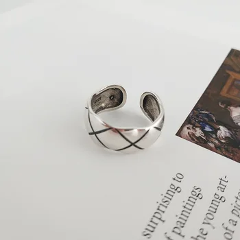 

Authentic S925 Sterling Silver FINE Jewelry Wave Grid Engraved Geometric waterwave Band ring Open adjust TLJ936