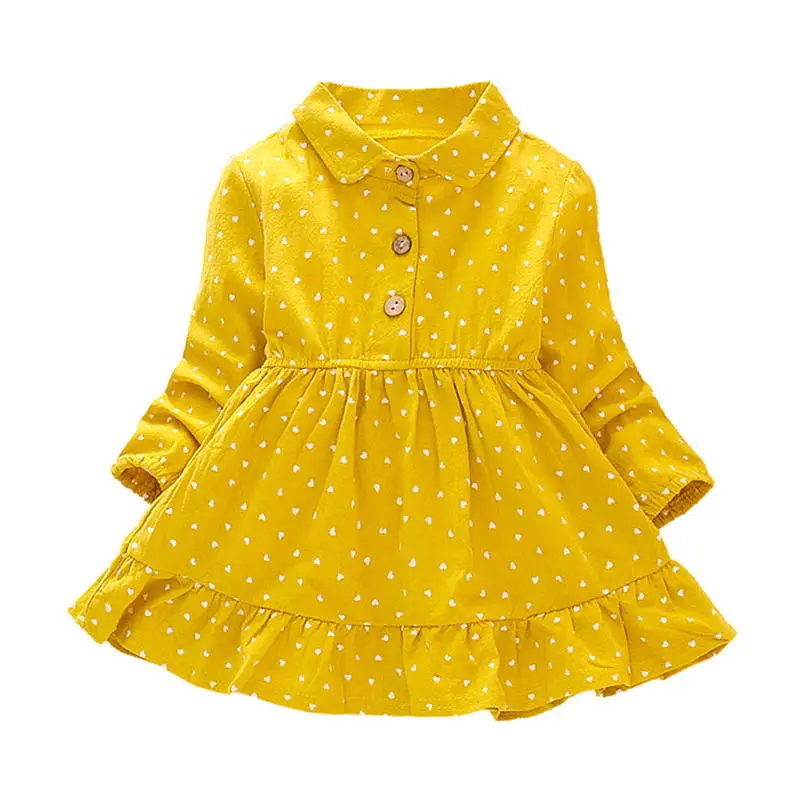 Осеннее Хлопковое платье с длинными рукавами для маленьких девочек красивое однотонное удобное теплое платье разных цветов в горошек на пуговицах - Цвет: Yellow A