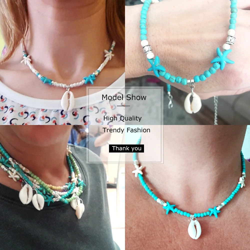 Bohemian Natural Stone Beaded Necklace Starfish Shell Pendant Fashion Beach Clavicle Chain | Украшения и аксессуары