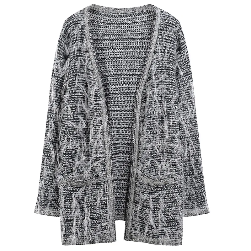 

Women Cardigan Tassel Pockets Sweater Coat Striped Plus Size Shrug Runway Loose Long Sleeve Knitted Tops Office Lady Outwear
