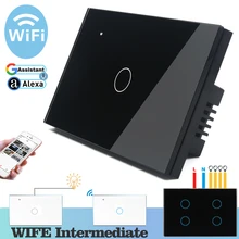 Wifi сенсорный светильник, настенный выключатель, черная стеклянная панель, синий светодиодный, US 118*72 мм, универсальный, умный дом, управление телефоном, 1 комплект, 2 способа, реле, круглый