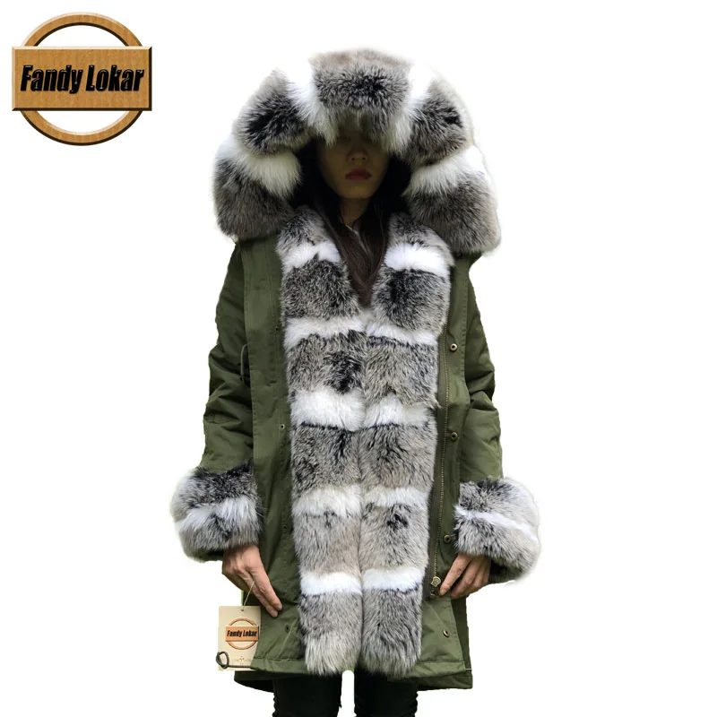 Fandy lokar, новинка, парка из натурального меха, женская зимняя куртка, натуральный Лисий мех, капюшон, пальто, натуральный мех кролика, подкладка, куртка, женская, натуральный мех, пальто