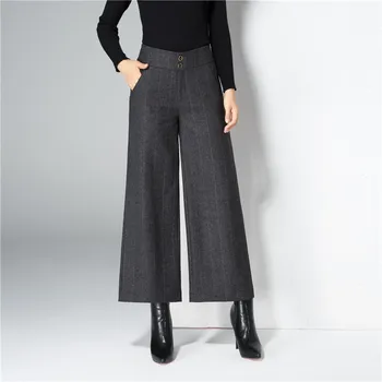 

Autumn Winter Pants Women Wool Ankle-Length Pants Office Lady Wide Leg Pants High Waist Pantalon Trousers Warm Plus Size2019