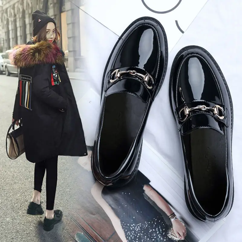 

Black And White with Pattern round-Toe Bullock Small Leather Shoes Women's College British Style Korean-style Versatile Students