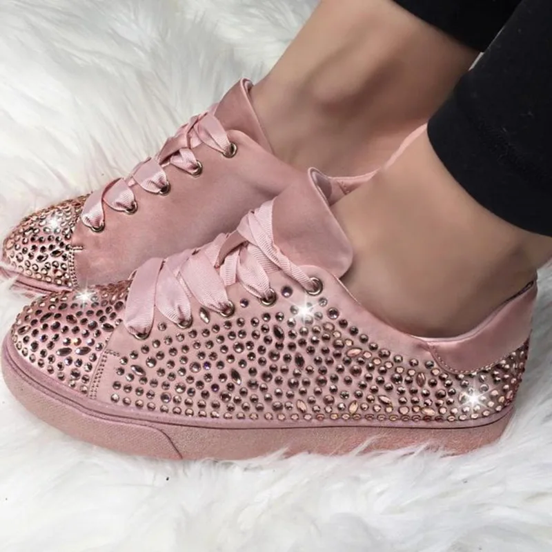HEFLASHOR/женские шикарные кроссовки; повседневная обувь на плоской подошве; Женская Вулканизированная обувь с кристаллами; модная обувь для спорта на открытом воздухе; сверкающая обувь для бега