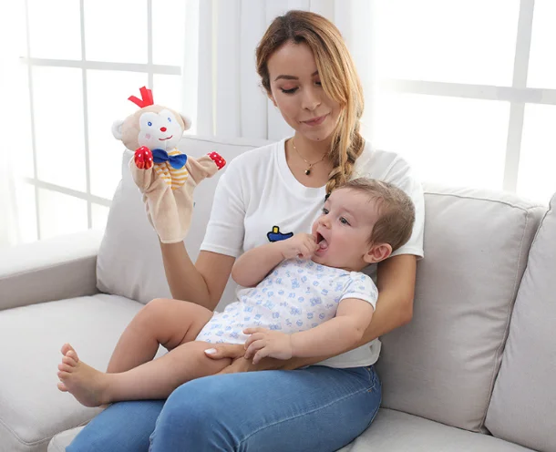 Cute cartoon animal hand puppet plush toy doll monkey frog duck soothing towel 2