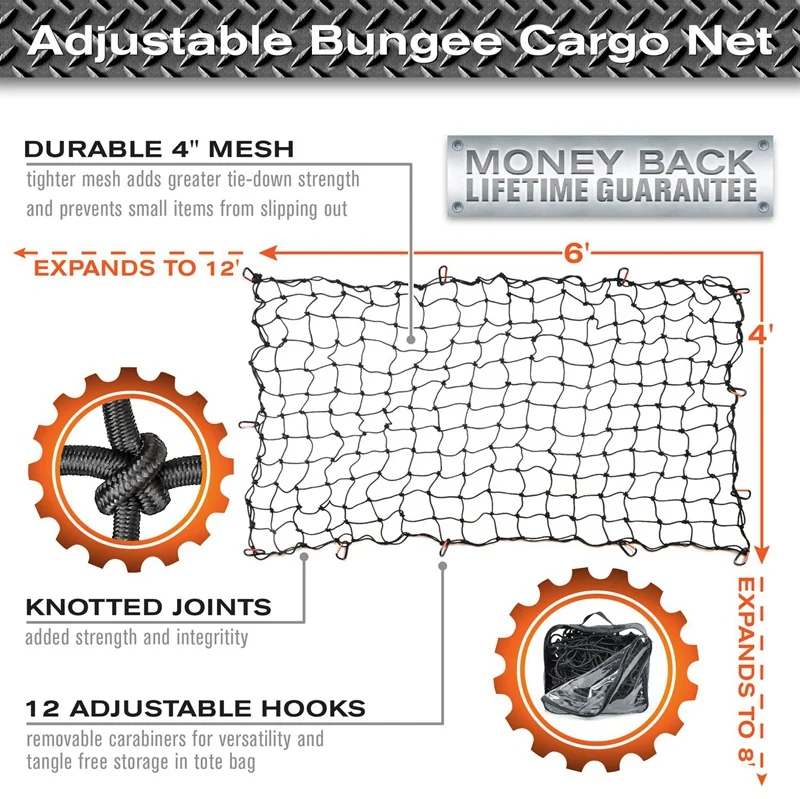 Super Duty Bungee Cargo Net для кровати грузовика тянется до 12 не запутывается D Клип карабины | маленькая сетка удерживает небольшие и большие нагрузки