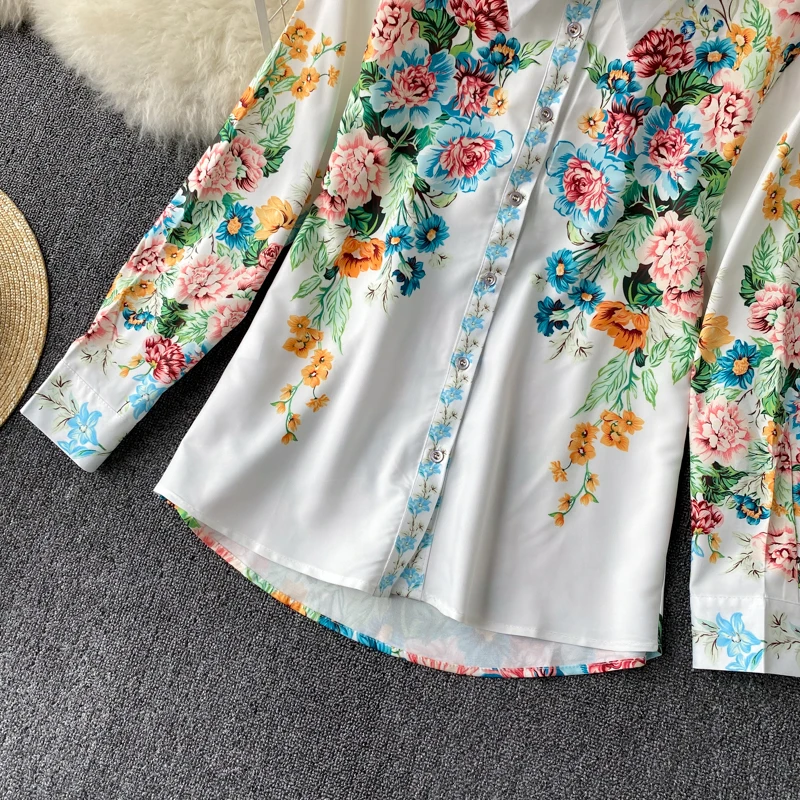 Blusa e Perna Womens Casual Impresso Duas Peças Conjunto Primavera Outono Boho Chique Turn-down Colarinho Único Breasted Larga Curto Novo Terno 6 High Quality Moda Feminina