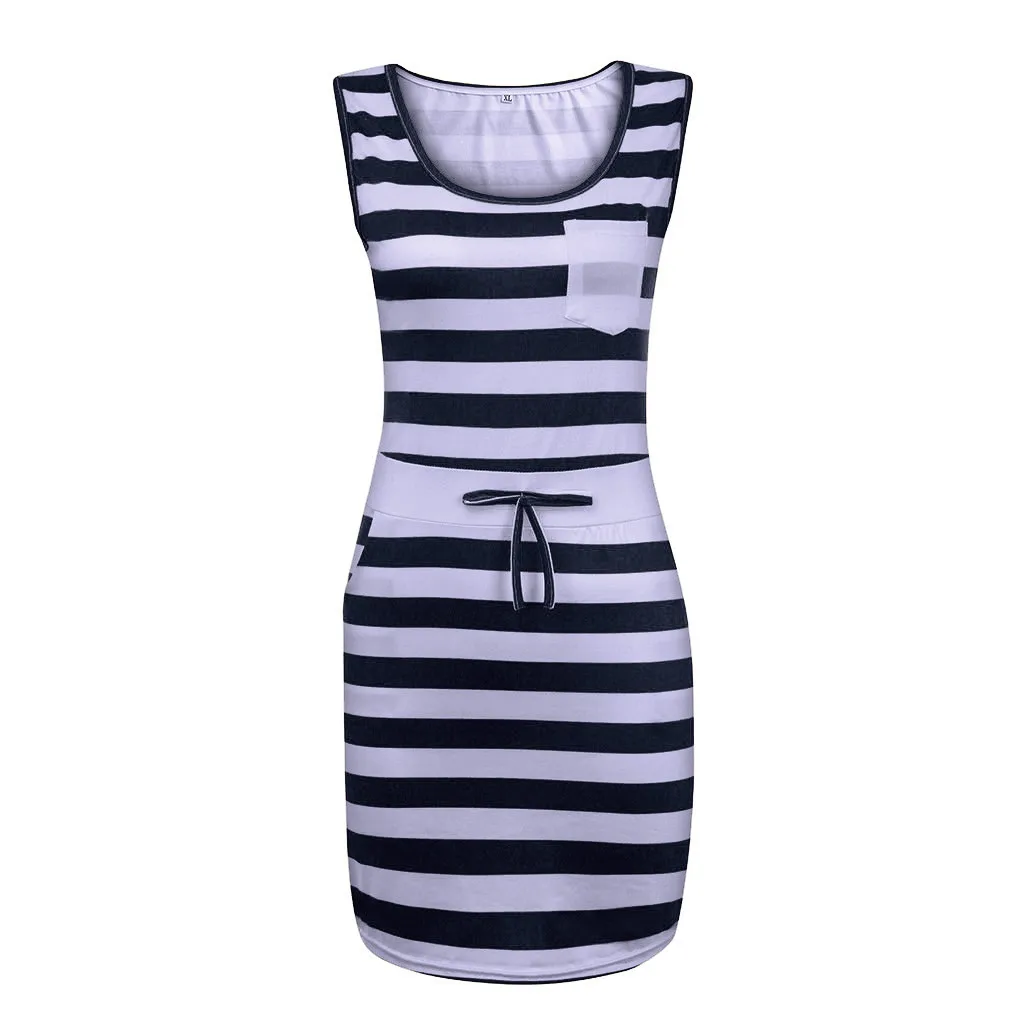 Summer Women Casual Sleeveless Stripe T Shirts Dress Tunic Waist Dresses Streetwear women clothes Dress Female Fashion Casual