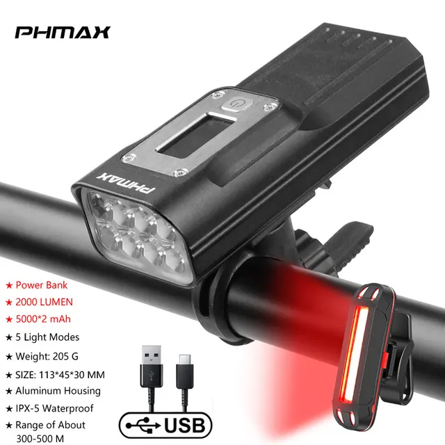 PHMAX Bicycle Flashlight 1500mAh 500 Lumens LED MTB Bike Front Light USB Rechargeable Rainproof Bike Lamp Set Bicycle Headlight QD-3501T